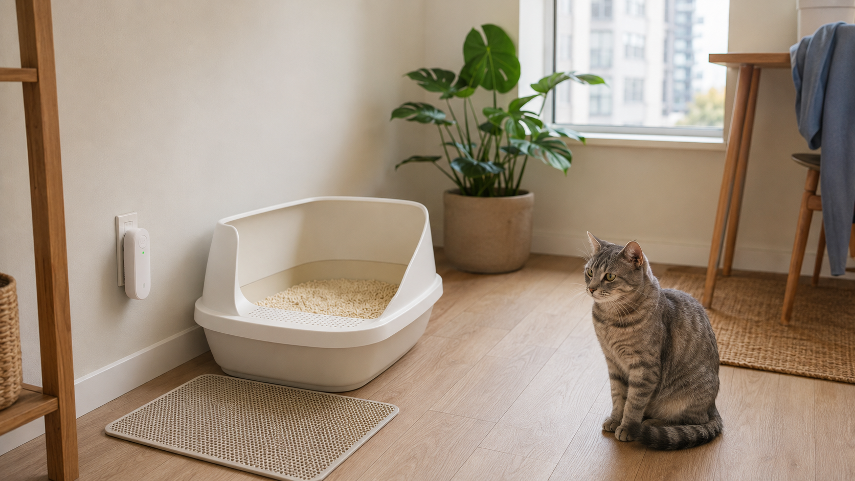 FreshPaw Pro working beside a litter box in a real home